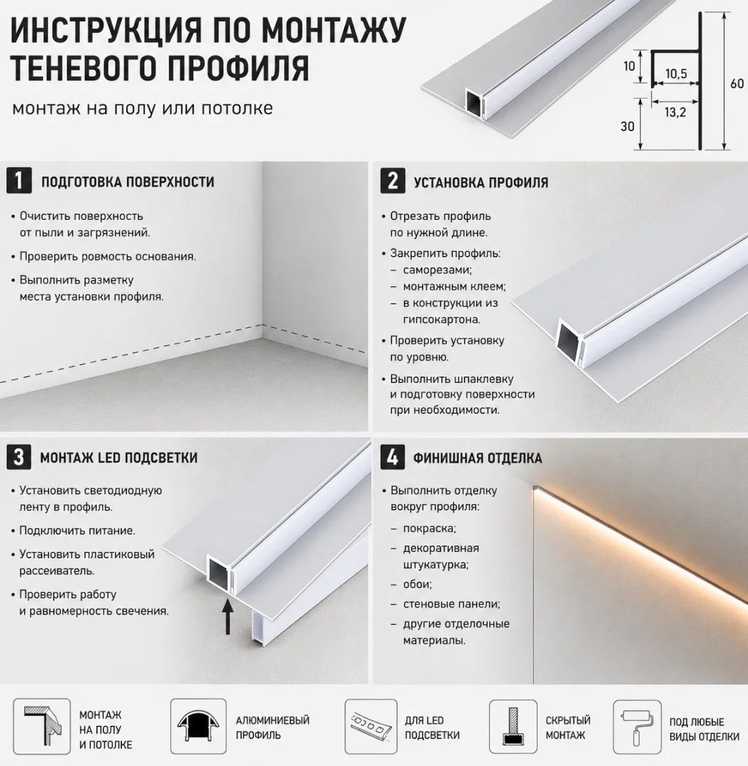 Алюминиевый теневой профиль для LED ленты 13 х 30 х 2700 мм, скрытый плинтус с подсветкой для пола и потолка, Рассеиватель в комплекте, Серебро матовое, 1 шт Купить оптом Алюминиевый теневой профиль для LED ленты 13 х 30 х 2700 мм, скрытый плинтус с подсветкой для пола и потолка, Рассеиватель в комплекте, Серебро матовое, 1 шт — изображение 4
