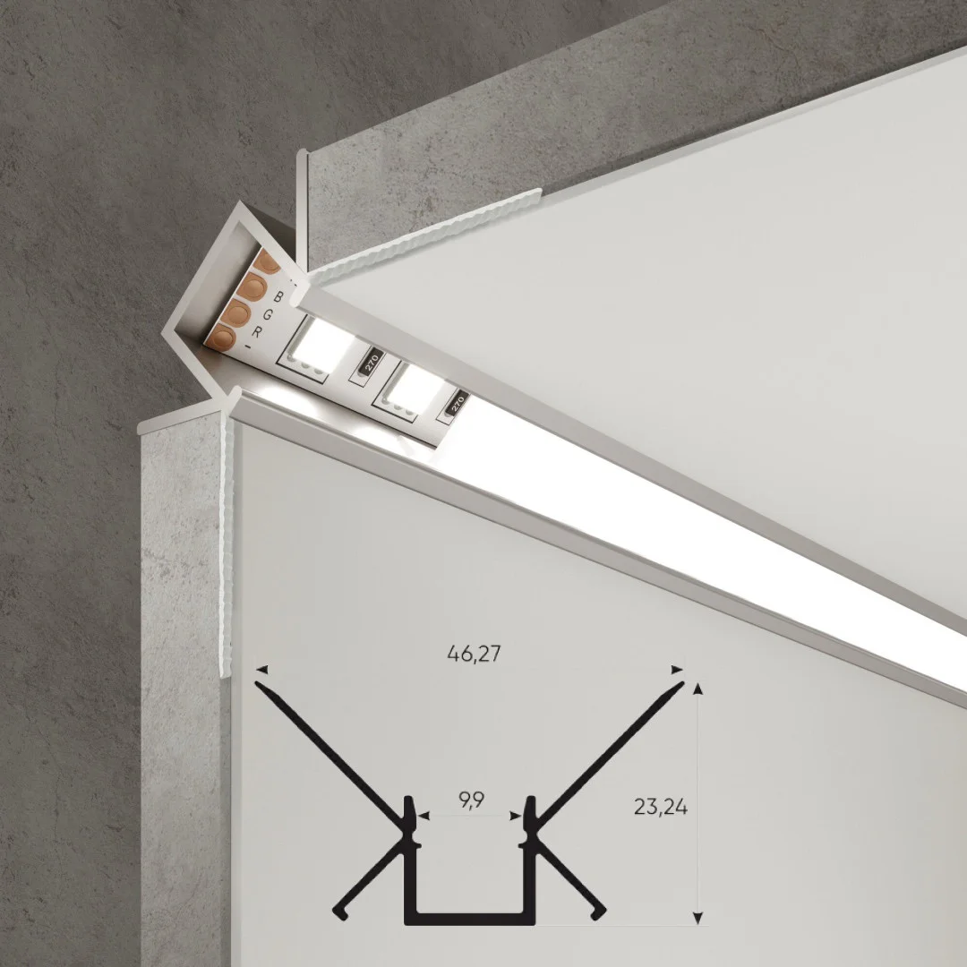 Алюминиевый теневой профиль для LED ленты 22 х 46 х 2700 мм, профиль скрытой подсветки потолка и стен, для внутренних углов, с рассеивателем, Черный матовый, 1 шт Купить оптом Алюминиевый теневой профиль для LED ленты 22 х 46 х 2700 мм, профиль скрытой подсветки потолка и стен, для внутренних углов, с рассеивателем, Черный матовый, 1 шт — изображение 6