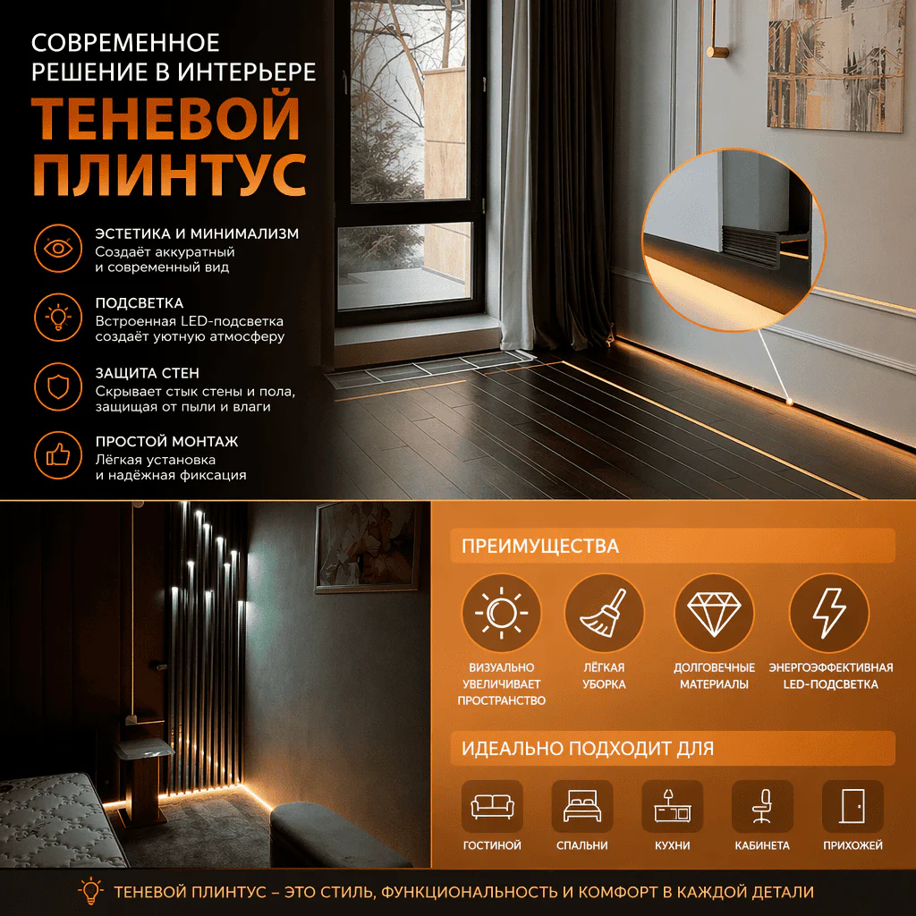Теневой профиль для LED ленты 16 х 55 х 2700 мм, алюминиевый плинтус с подсветкой, Черный матовый, 1 шт Купить оптом Теневой профиль для LED ленты 16 х 55 х 2700 мм, алюминиевый плинтус с подсветкой, Черный матовый, 1 шт — изображение 8