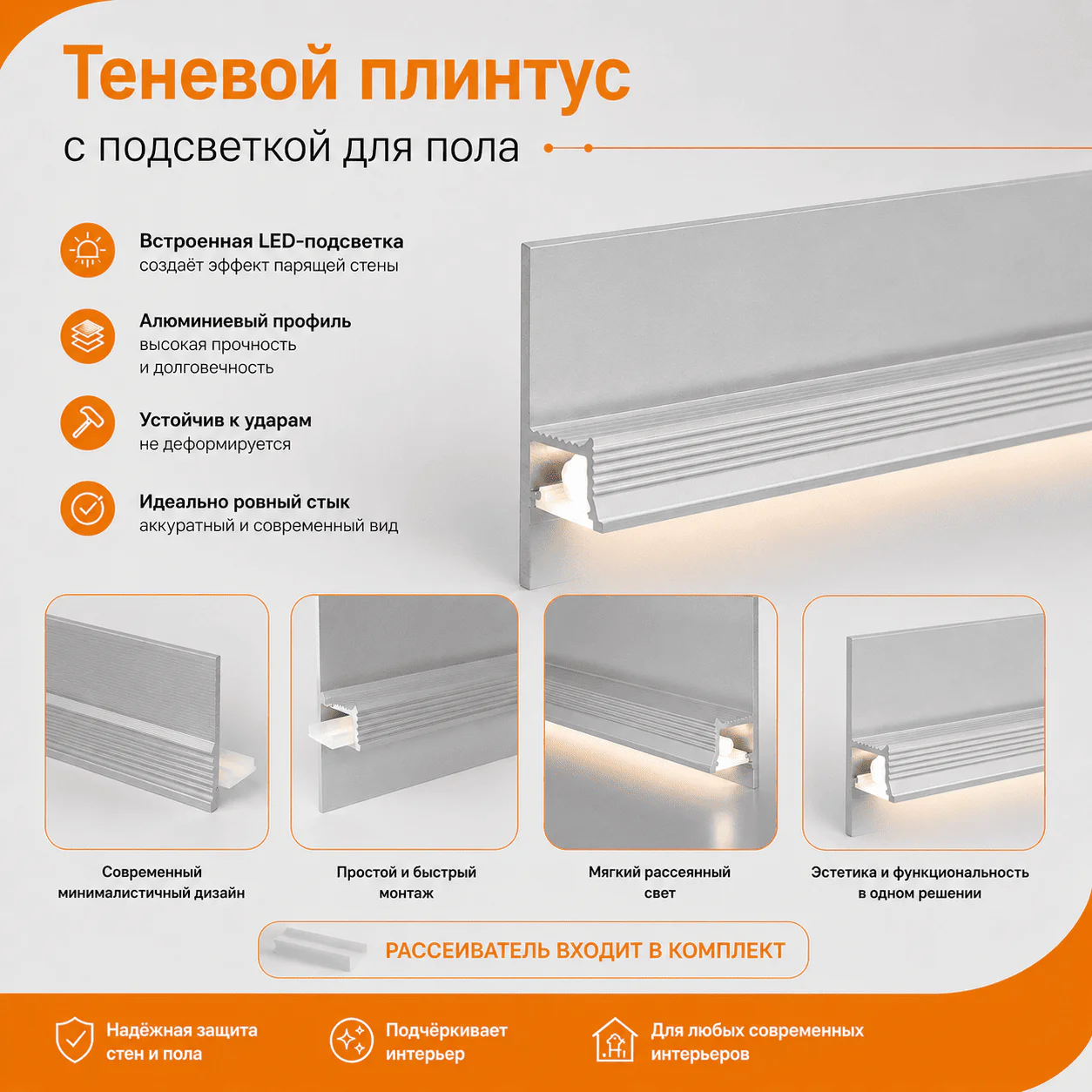 Теневой профиль для LED ленты 16 х 55 х 2700 мм, алюминиевый плинтус с подсветкой, Черный матовый, 1 шт Купить оптом Теневой профиль для LED ленты 16 х 55 х 2700 мм, алюминиевый плинтус с подсветкой, Черный матовый, 1 шт — изображение 4