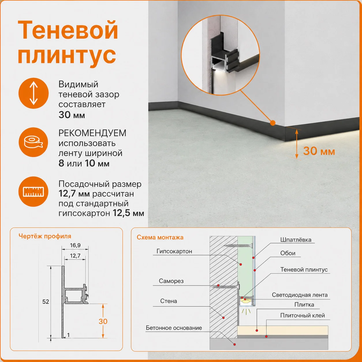 Алюминиевый теневой профиль для гипсокартона (ГКЛ), зазор 30 мм, 2700 мм, скрытый плинтус с LED подсветкой для пола, Черный матовый, 1 шт Купить оптом Алюминиевый теневой профиль для гипсокартона (ГКЛ), зазор 30 мм, 2700 мм, скрытый плинтус с LED подсветкой для пола, Черный матовый, 1 шт — изображение 3