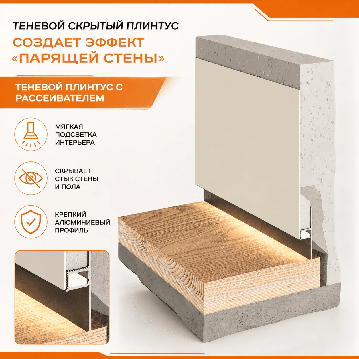 Теневой профиль для LED ленты 16 х 55 х 2700 мм, алюминиевый плинтус с подсветкой, Черный матовый, 1 шт Купить оптом Теневой профиль для LED ленты 16 х 55 х 2700 мм, алюминиевый плинтус с подсветкой, Черный матовый, 1 шт — изображение 3