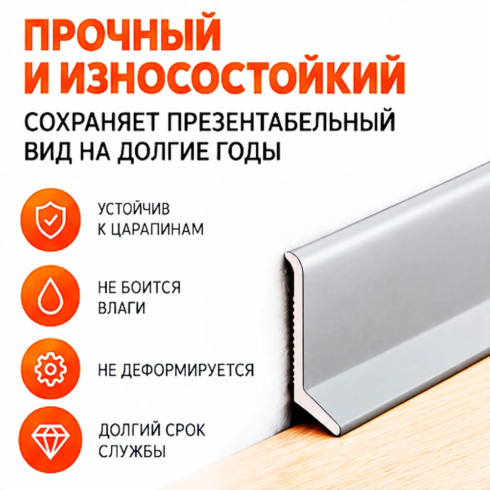 Плинтус алюминиевый L-образный, высота 26 мм, длина 300 см, Серебро матовое, 1 шт Купить оптом Плинтус алюминиевый L-образный, высота 26 мм, длина 300 см, Серебро матовое, 1 шт — изображение 5
