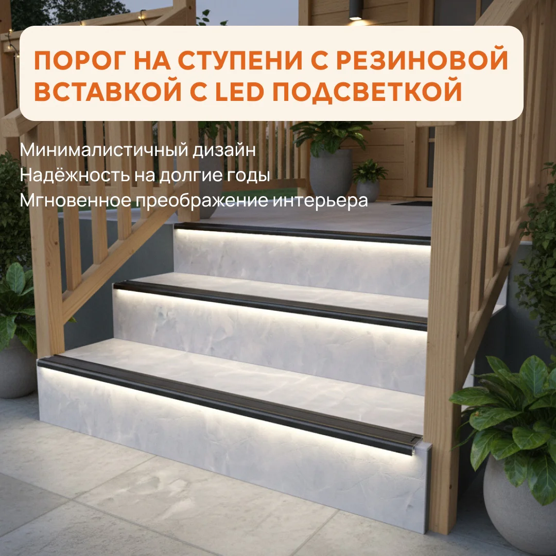 Алюминиевый порог для ступеней с резиновой вставкой 55 x 20 мм, 2700 мм, с рассеивателем под LED ленту, противоскользящий, Черный муар, 1 шт — изображение 5