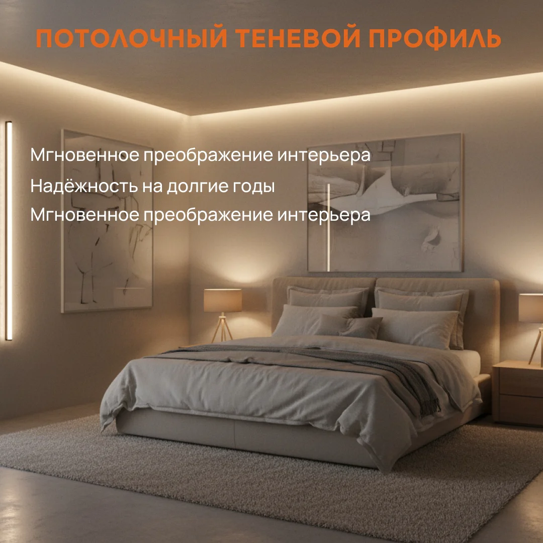 Теневой профиль для гипсокартона алюминиевый с рассеивателем под LED ленту, 40 х 48 х 2700 мм, потолочный плинтус, Черный матовый, 1 шт — изображение 6