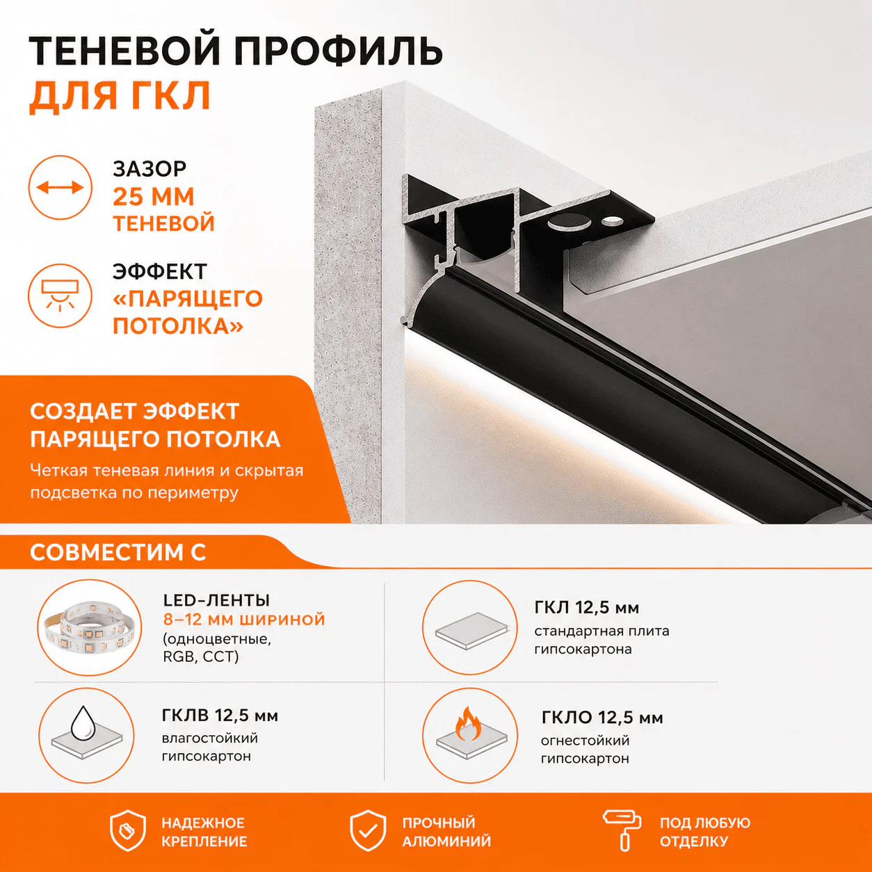 Алюминиевый потолочный плинтус под подсветку 45 x 33 х 2700 мм, теневой профиль для гипсокартона (ГКЛ), Серебро матовое, 1 шт — изображение 3