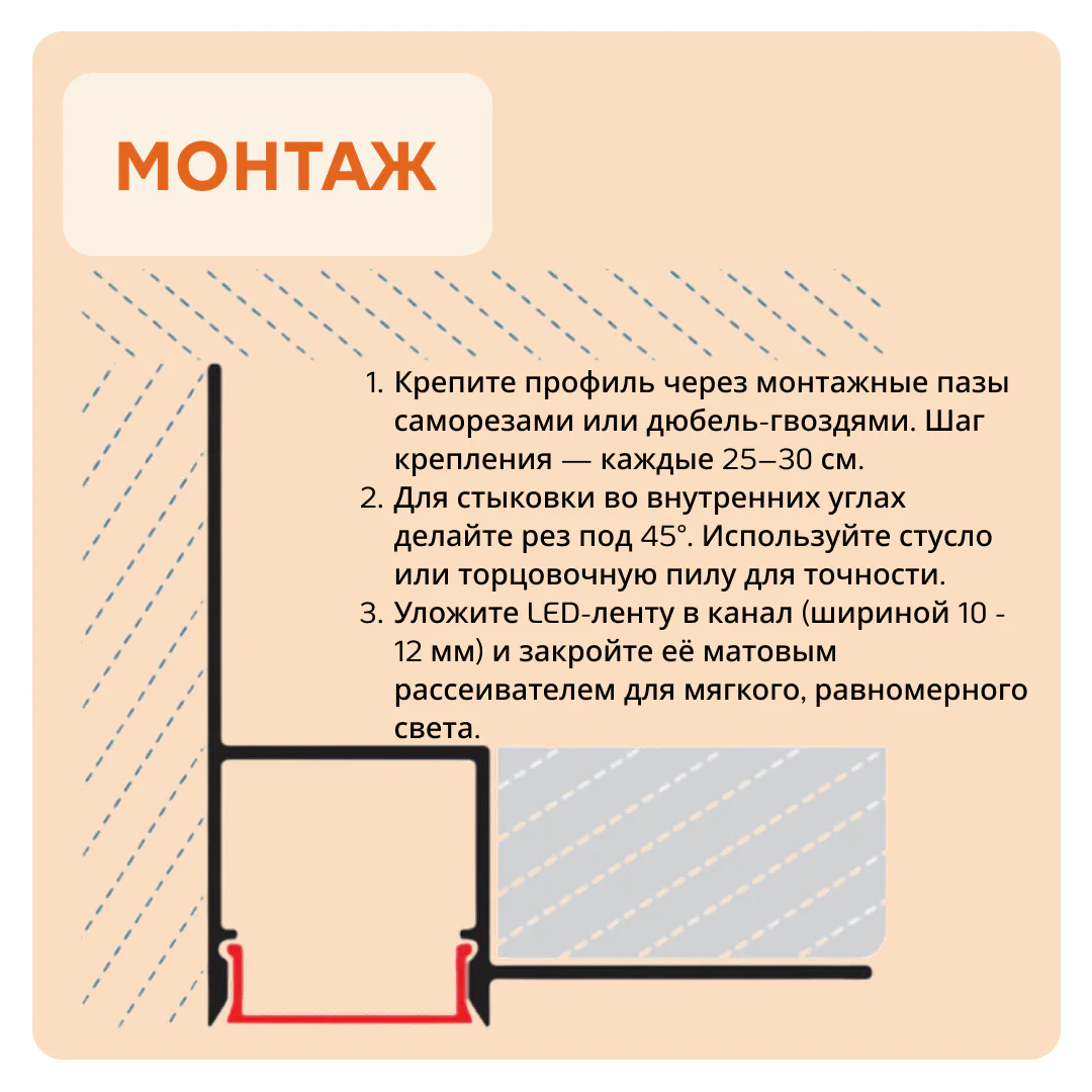 Алюминиевый потолочный плинтус под подсветку 35 x 34 мм, длина 2700 мм, теневой профиль для гипсокартона (ГКЛ), Черный матовый, 1 шт — изображение 4