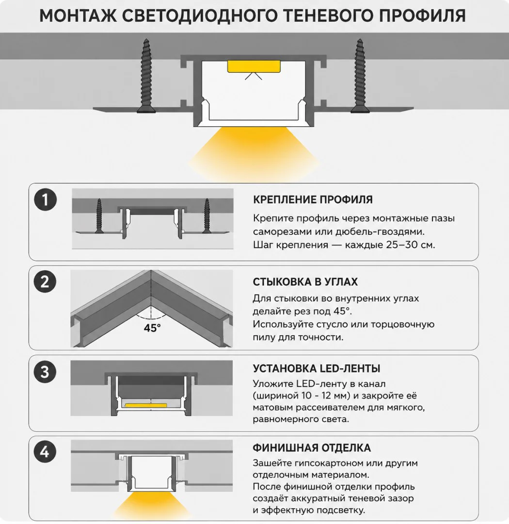 Теневой профиль для потолка и стен LED 55 х 11 х 2700 мм, алюминиевый встраиваемый профиль под светодиодную ленту, с матовым рассеивателем, Серебро матовое, 1 шт — изображение 4