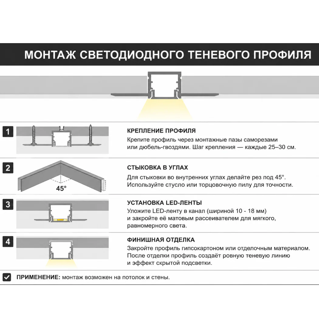 Теневой профиль для потолка и стен LED 55 х 9 х 2700 мм, алюминиевый встраиваемый профиль под светодиодную ленту, с матовым рассеивателем, Черный матовый, 1 шт — изображение 4