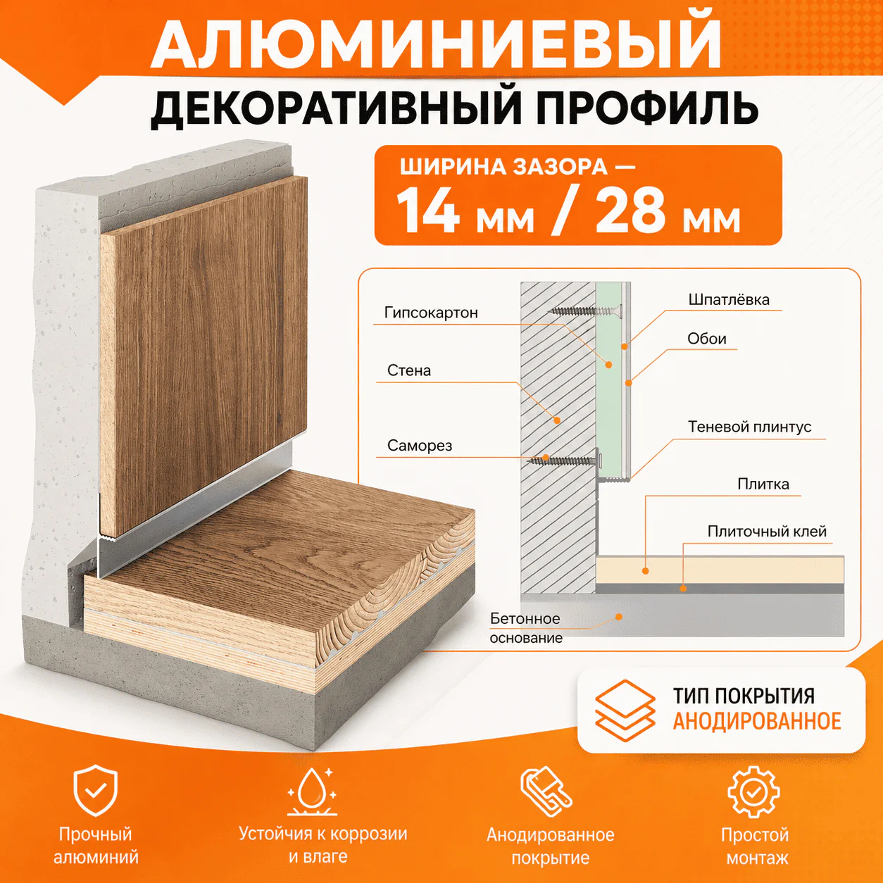 Теневой плинтус скрытого монтажа для пола алюминиевый, декоративный профиль, зазор 14/28 мм, 2700 мм, Черный матовый, 1 шт — изображение 5