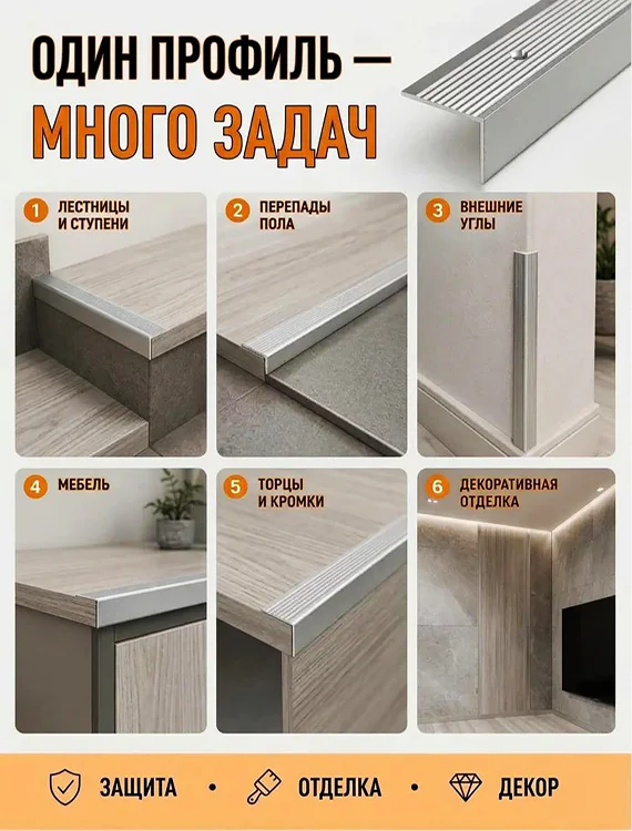 Порог угловой для пола, рифленый с отверстием, высота 20 мм,ширина 40 мм, 270 см, Серебро матовое, 1 шт — изображение 6