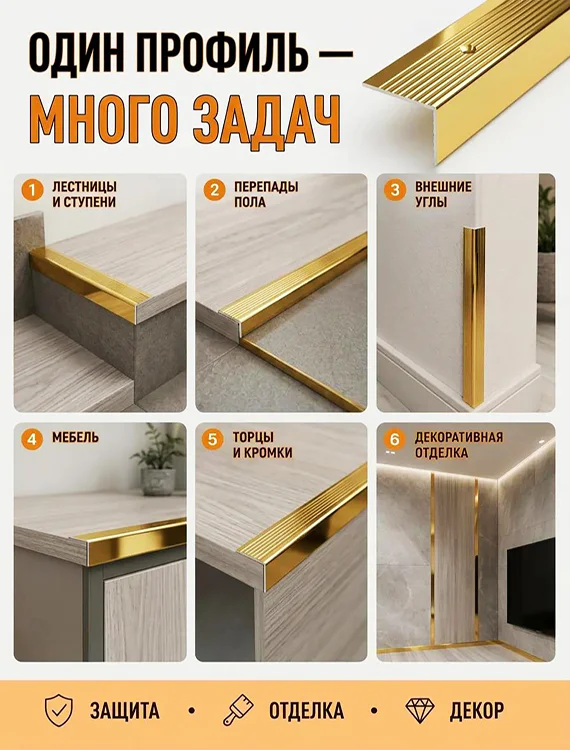 Порог угловой для пола, рифленый с отверстием, высота 20 мм,ширина 40 мм, 270 см, Золото глянец, 1 шт — изображение 5